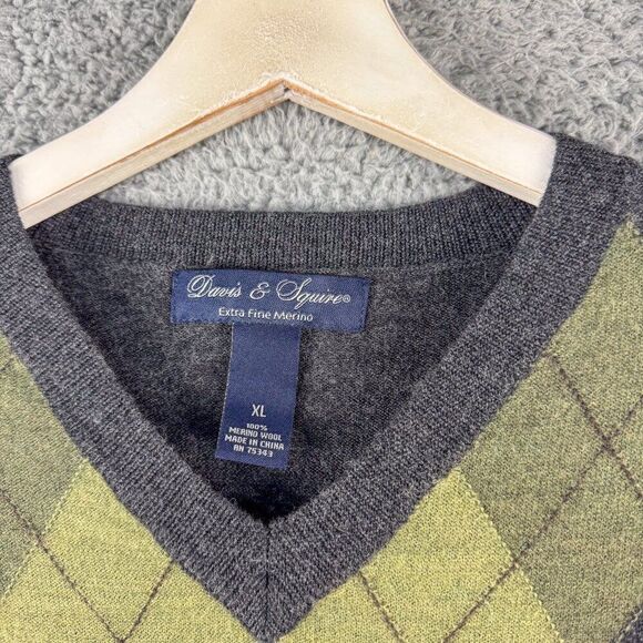Davis & Squire Argyle Sweater Mens XL Gray Merino Wool Office Preppy‎ Outdoor - Picture 2 of 11